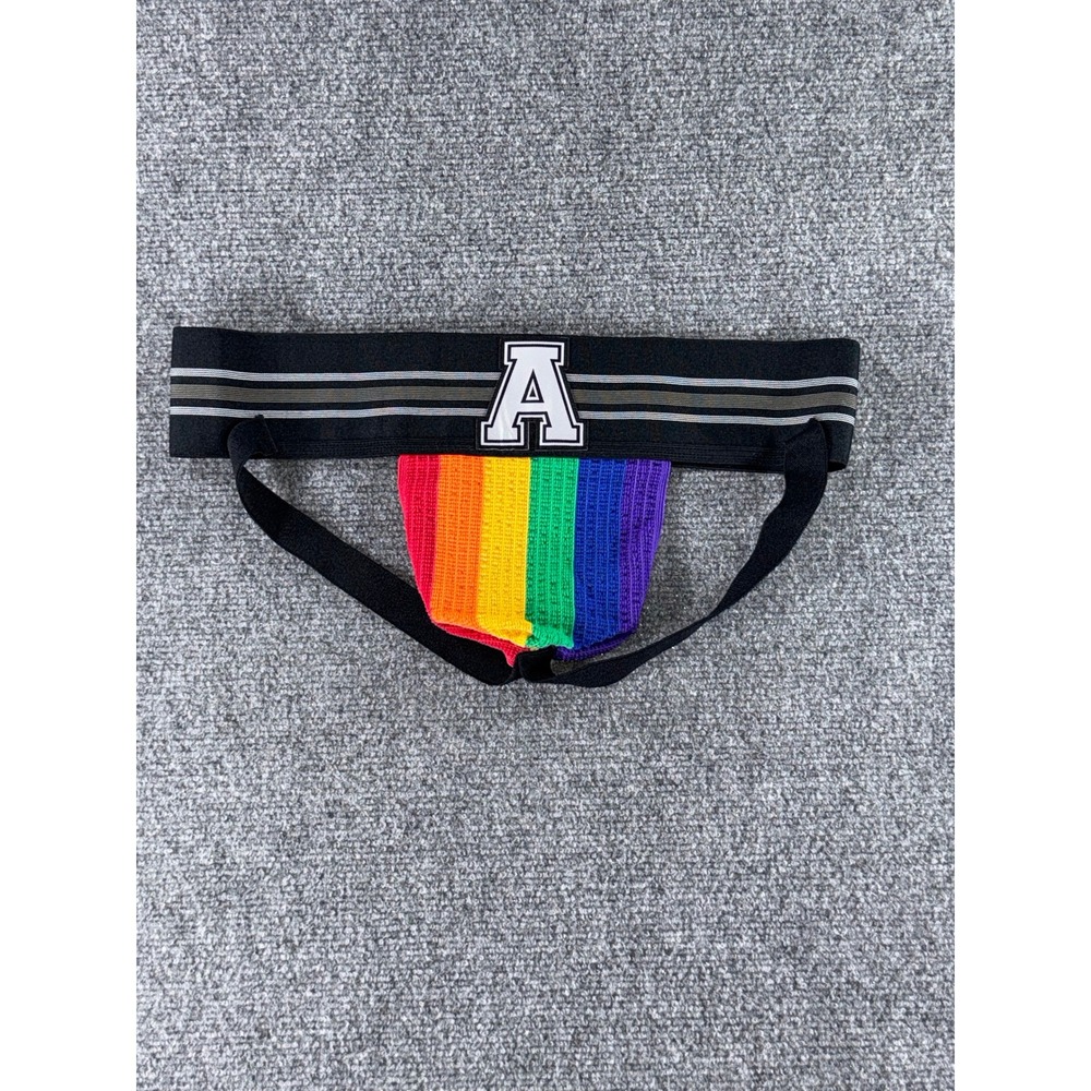 Addicted Mens Rainbow Pride Jockstrap Black Waistband Varsity A Logo Multi Color